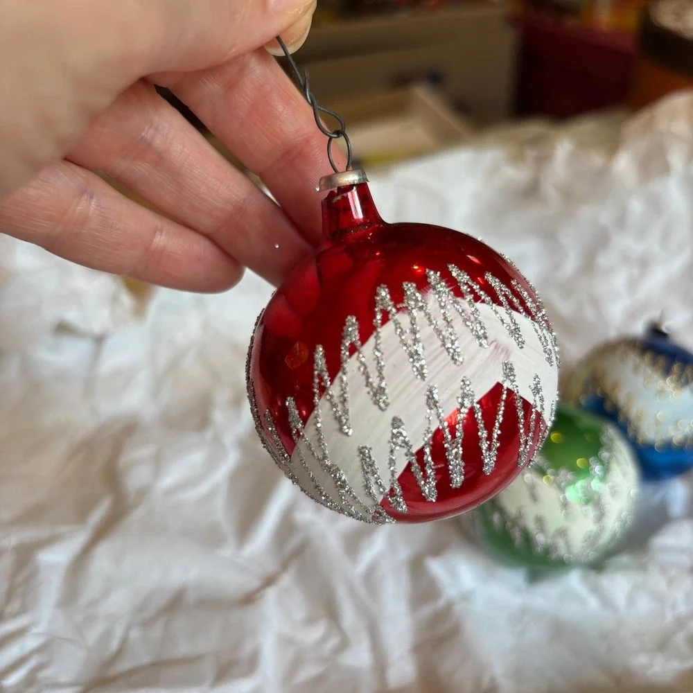 Vintage Multicolor Glass Ball Ornaments Silver Gold Glitter Zigzag Pattern 4pc